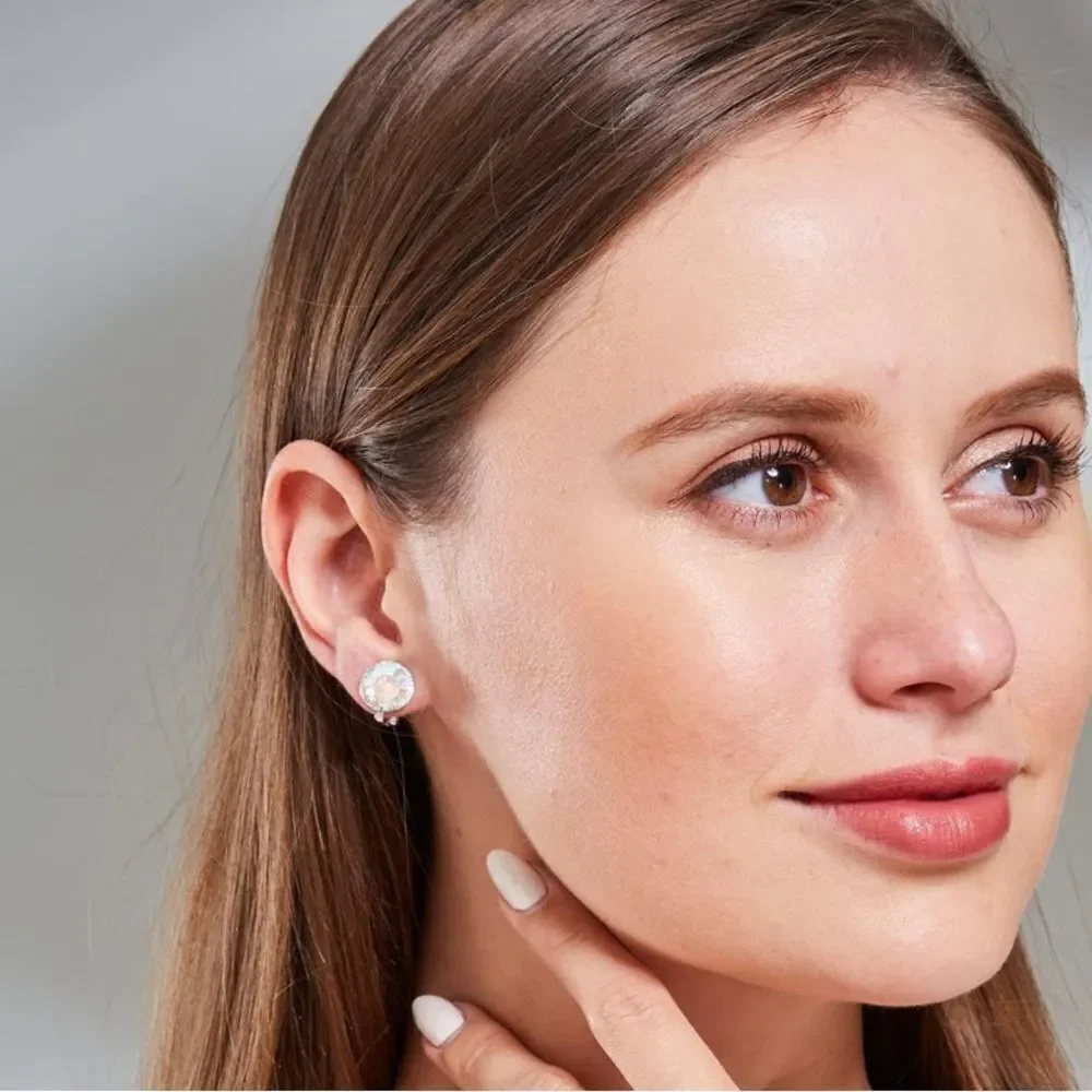 Silver with Aurora Borealis and Diamond Cubic Zirconia Stud Clip On Earrings